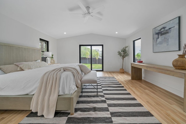 bedroom featuring wood finished floors, a ceiling fan, access to outside, lofted ceiling, and recessed lighting