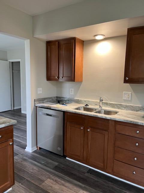 kitchen with sink, stainless steel dishwasher, and dark hardwood / wood-style floors