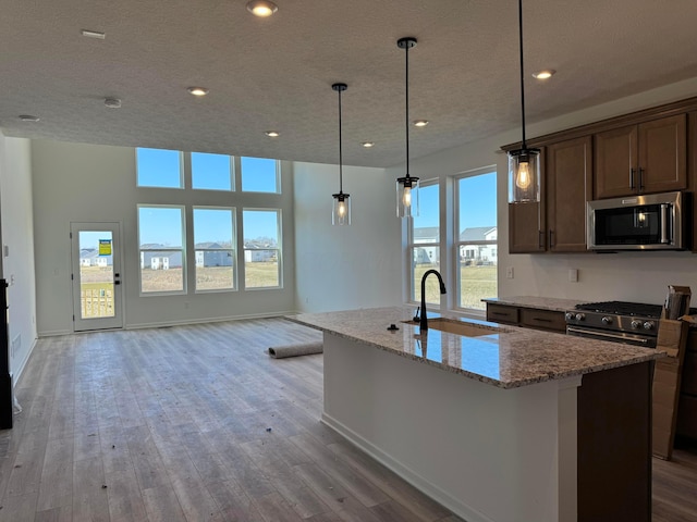 kitchen featuring light wood-type flooring, an island with sink, a sink, stainless steel microwave, and open floor plan