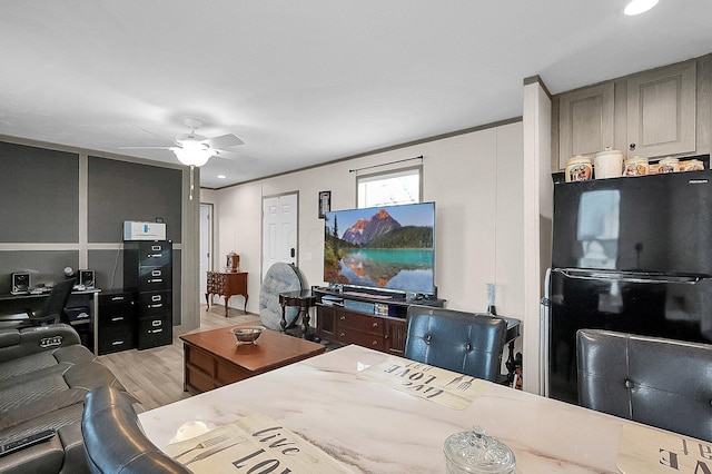 living room featuring ceiling fan and light hardwood / wood-style floors