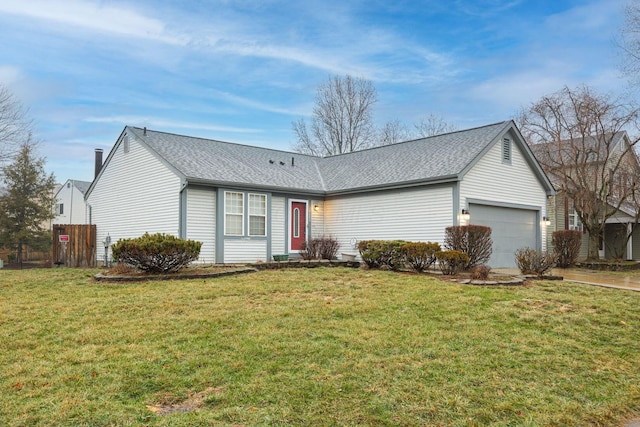 single story home featuring a garage and a front yard