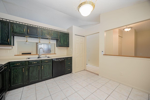 kitchen with lofted ceiling, sink, range, light tile patterned floors, and black dishwasher