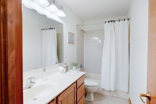 full bathroom with tile patterned flooring, vanity, toilet, and shower / bathtub combination with curtain