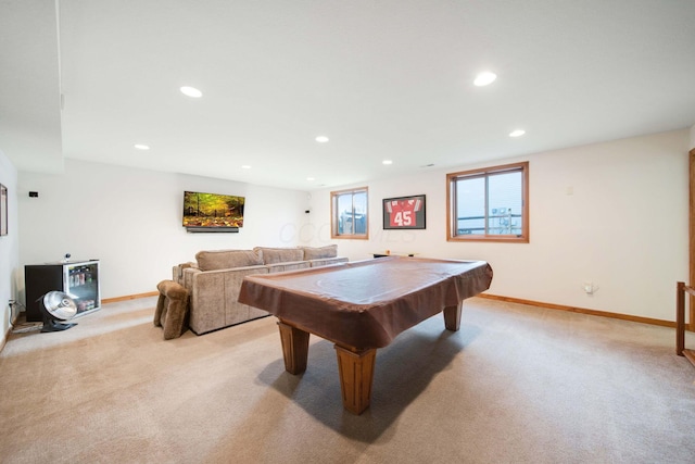 playroom featuring light colored carpet and billiards