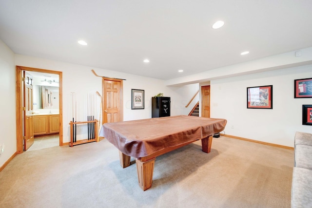 rec room with light colored carpet and pool table