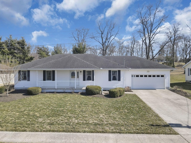 ranch-style home featuring a garage, a porch, driveway, and a front lawn