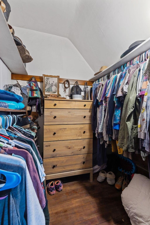 walk in closet with vaulted ceiling and dark hardwood / wood-style floors