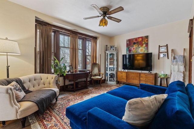 living room featuring ceiling fan