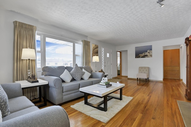 living room featuring hardwood / wood-style floors and a textured ceiling