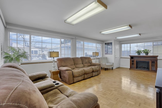 living room featuring light parquet floors