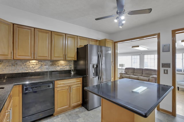 kitchen with tasteful backsplash, stainless steel fridge with ice dispenser, dishwasher, a kitchen island, and dark stone counters