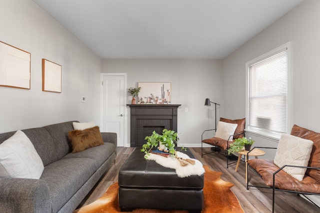 living room with a wealth of natural light, a brick fireplace, and hardwood / wood-style floors