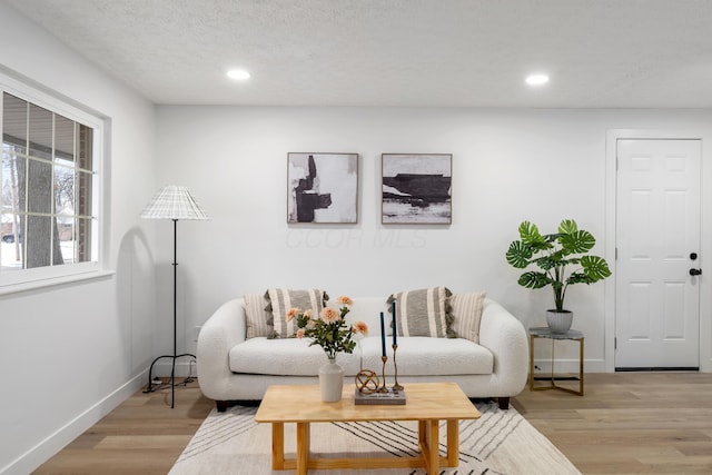 living room with light hardwood / wood-style flooring and a textured ceiling