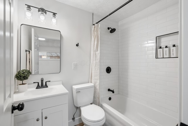 full bathroom with vanity, toilet, a textured ceiling, and shower / bathtub combination with curtain