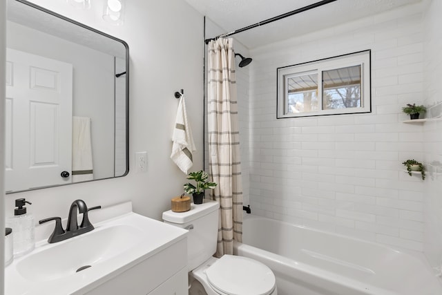 full bathroom with toilet, vanity, shower / bathtub combination with curtain, and a textured ceiling