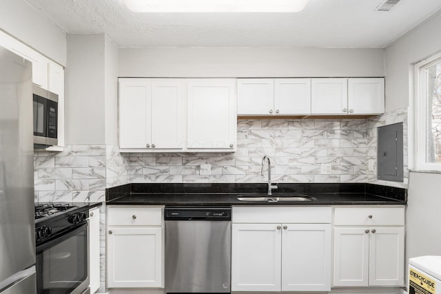 kitchen featuring stainless steel appliances, electric panel, sink, and white cabinets