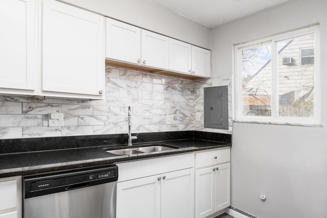 kitchen with stainless steel dishwasher, electric panel, sink, and white cabinets