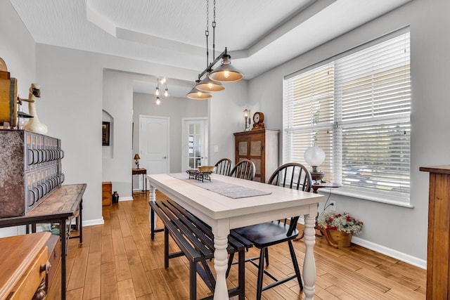 dining space with plenty of natural light, a tray ceiling, and light hardwood / wood-style flooring