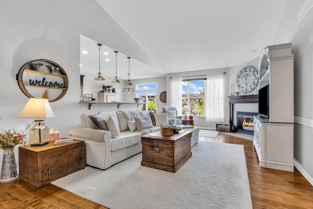 living room with hardwood / wood-style flooring and lofted ceiling