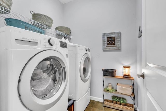 laundry area featuring independent washer and dryer and dark tile patterned flooring