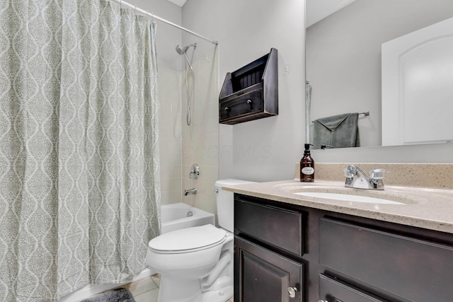 full bathroom with vanity, tile patterned floors, toilet, and shower / bathtub combination with curtain