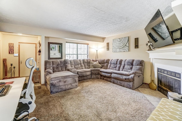 tiled living room with a textured ceiling