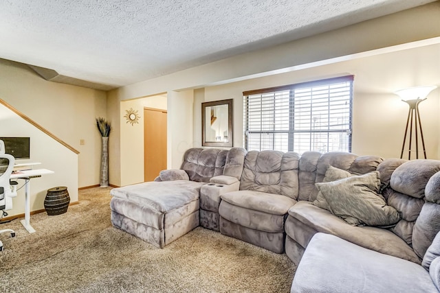 carpeted living room with a textured ceiling