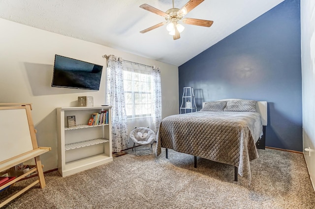 carpeted bedroom featuring ceiling fan and lofted ceiling