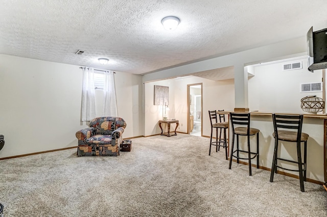 sitting room featuring light carpet and a textured ceiling