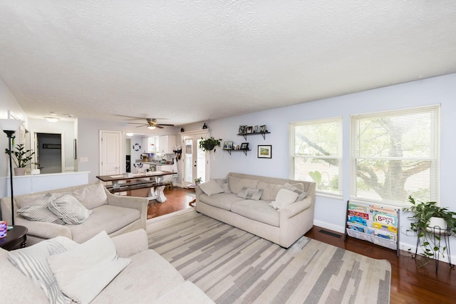 living room with wood-type flooring, a textured ceiling, and a wealth of natural light