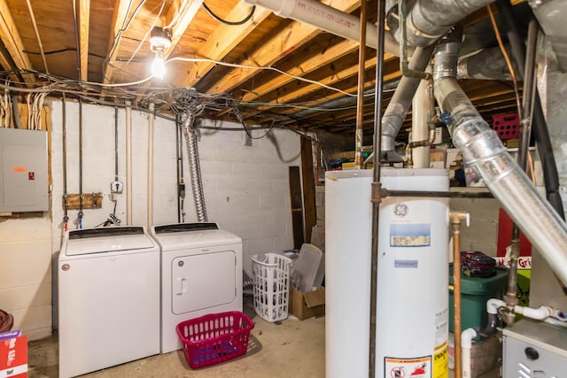 basement with electric panel, water heater, and washing machine and clothes dryer