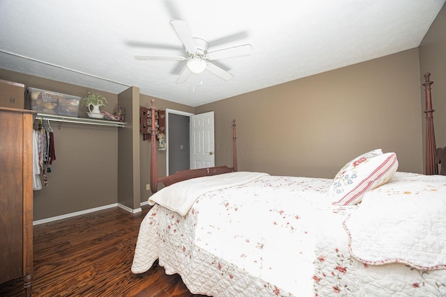 bedroom featuring ceiling fan, dark hardwood / wood-style flooring, and a closet