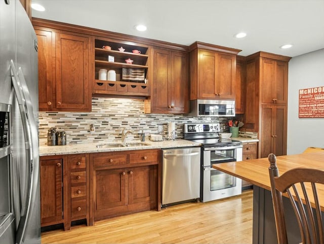 kitchen with appliances with stainless steel finishes, sink, tasteful backsplash, and light stone countertops