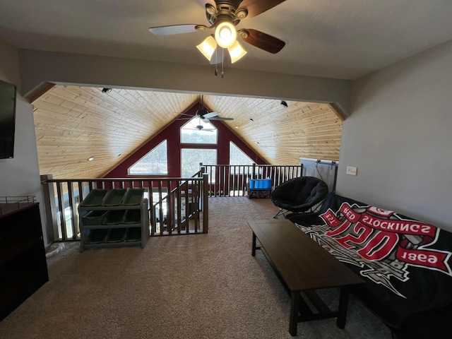 playroom featuring carpet floors, wooden ceiling, ceiling fan, and lofted ceiling