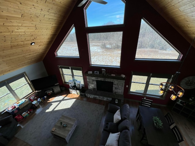 unfurnished living room with wood ceiling, high vaulted ceiling, wood finished floors, and a stone fireplace