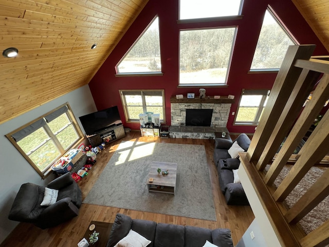 living room featuring wood ceiling, a fireplace, high vaulted ceiling, and hardwood / wood-style floors