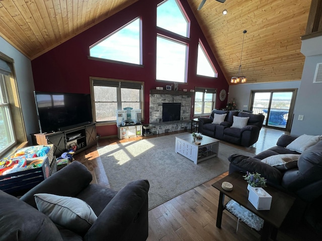 living room featuring a stone fireplace, wood-type flooring, high vaulted ceiling, and wooden ceiling