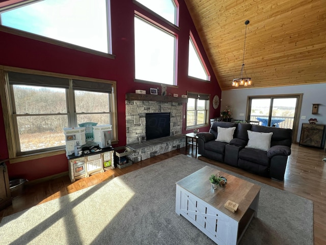 living room with wooden ceiling, a healthy amount of sunlight, a fireplace, and wood finished floors