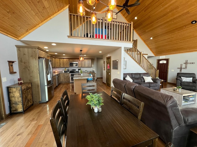 dining area featuring high vaulted ceiling, light hardwood / wood-style flooring, wooden ceiling, and a chandelier