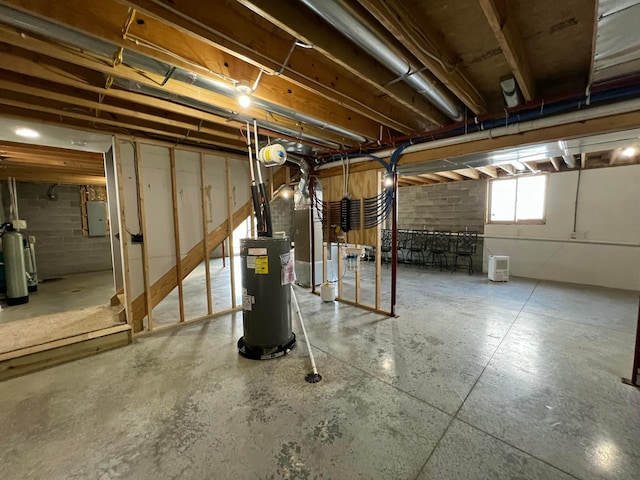 basement with electric panel and water heater