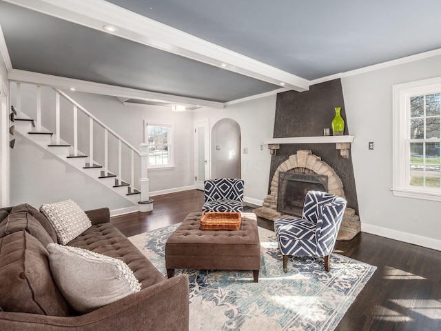 living room featuring a fireplace, ornamental molding, dark hardwood / wood-style floors, and a wealth of natural light