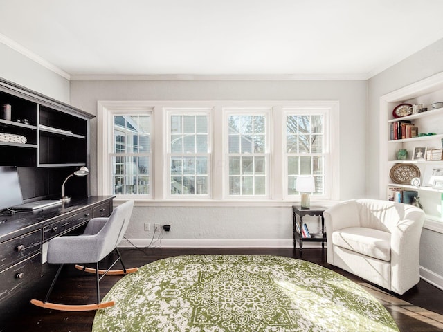 home office featuring wood-type flooring and ornamental molding