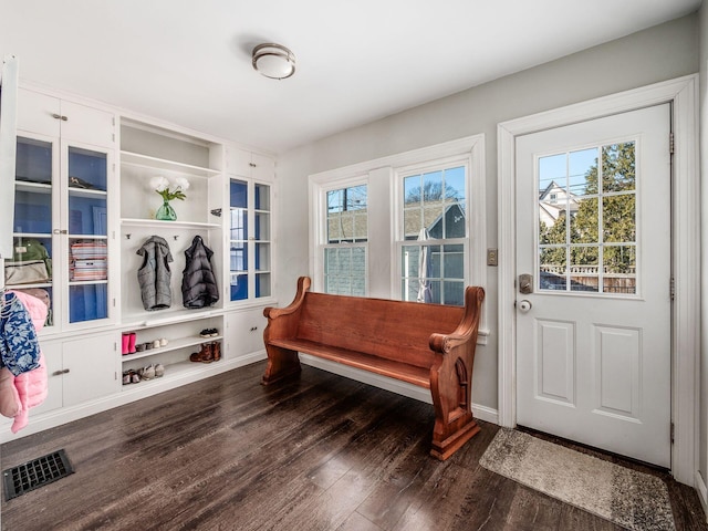 mudroom with dark hardwood / wood-style floors and built in features