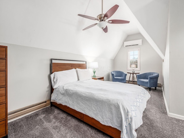 bedroom featuring lofted ceiling, a wall unit AC, ceiling fan, carpet, and a baseboard heating unit