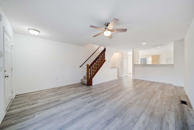 unfurnished living room featuring ceiling fan and light hardwood / wood-style flooring