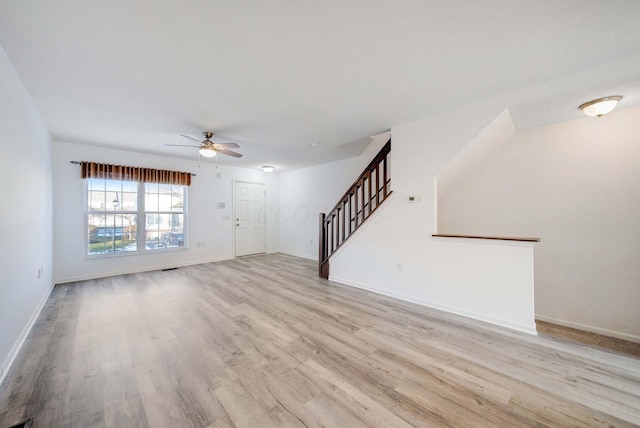 unfurnished living room featuring light wood-type flooring and ceiling fan