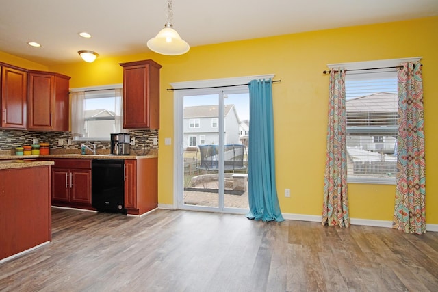 kitchen with pendant lighting, hardwood / wood-style floors, decorative backsplash, and black dishwasher