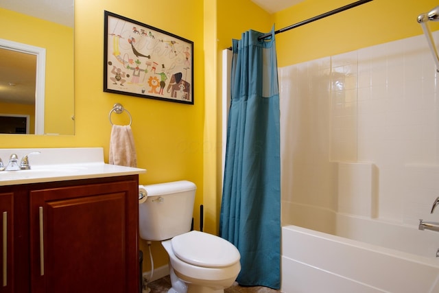 full bathroom featuring vanity, shower / tub combo, and toilet