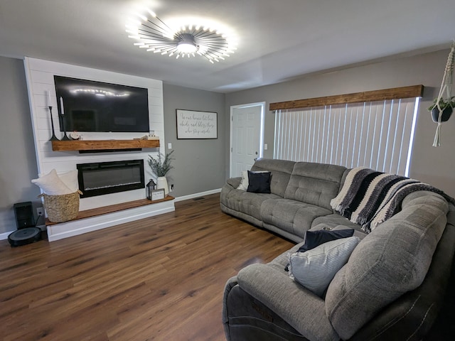 living room featuring a large fireplace and wood-type flooring