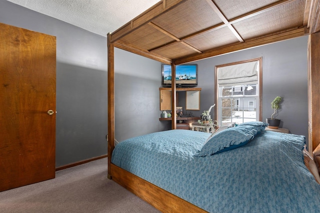 bedroom with carpet floors and a textured ceiling